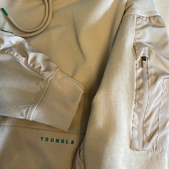 Young LA Beige Hoodie Size L Poly/Cotton/Spandex Zip Arm Pocket Green Graphics - Picture 7 of 11